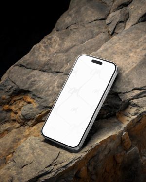 Mockup Smartphone Superfície Rocha - Mockup PSD Mockups de Eletrônicos Editável