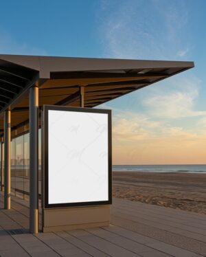 Mockup Painel Publicitário Ponto Ônibus Praia Profissional - Mockup PSD Mockups de Publicidade Editável