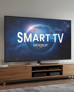 Mockup TV Sala Moderna - Vista Frontal Mockup Mockups de Objetos para Download