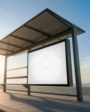 Mockup Anúncio Ponto Ônibus Praia - Mockup PSD Mockups de Publicidade Editável