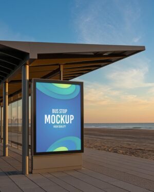 Mockup Painel Publicitário Ponto Ônibus Praia Profissional - Vista Frontal Mockup Mockups de Publicidade para Download