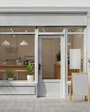 Mockup Fachada Cafeteria Rua - Mockup PSD Mockups de Publicidade Editável