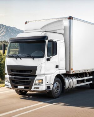 Mockup Caminhão Baú Paisagem Montanhosa - Mockup PSD Mockups de Veículos Editável