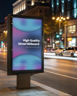 Mockup Painel Publicitário Rua Urbana Noturna Premium - Vista Frontal Mockup Mockups de Publicidade para Download