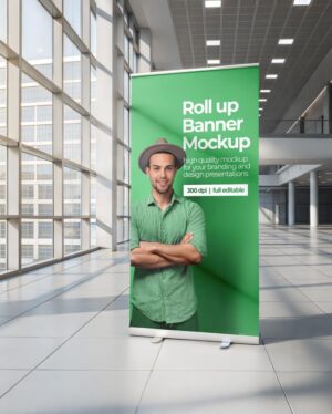 Mockup Banner Rollup Escritório Moderno - Vista Frontal Mockup Mockups de Publicidade para Download