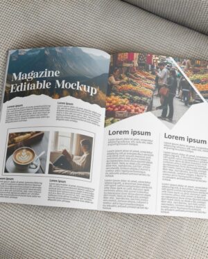 Mockup Revista Aberta Tecido Neutro - Vista Frontal Mockup Mockups de Objetos para Download