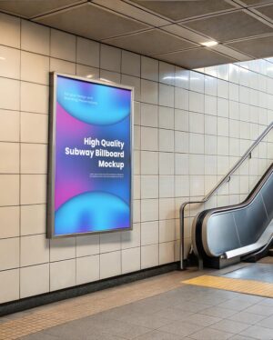 Mockup Painel Publicitário Escada Metrô Premium - Vista Frontal Mockup Mockups de Publicidade para Download