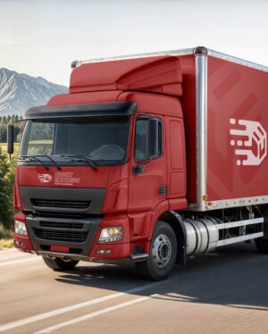 Mockup Caminhão Baú Paisagem Montanhosa - Vista Frontal Mockup Mockups de Veículos para Download