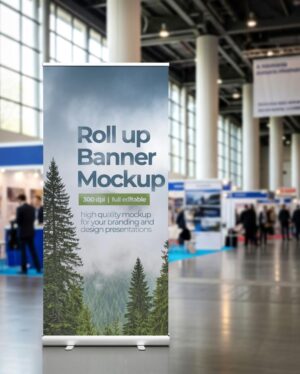 Mockup Banner Rollup Feira Exposição - Vista Frontal Mockup Mockups de Publicidade para Download