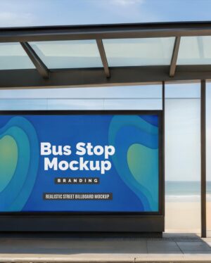 Mockup Billboard Ponto Ônibus Beira-Mar - Vista Frontal Mockup Mockups de Publicidade para Download