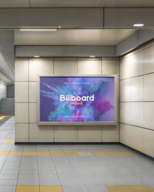 Mockup Anúncio Painel Estação Metrô Realista - Vista Frontal Mockup Mockups de Publicidade para Download