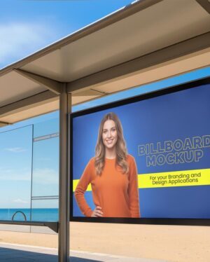 Mockup Anúncio Ponto Ônibus Praia Profissional - Vista Frontal Mockup Mockups de Publicidade para Download