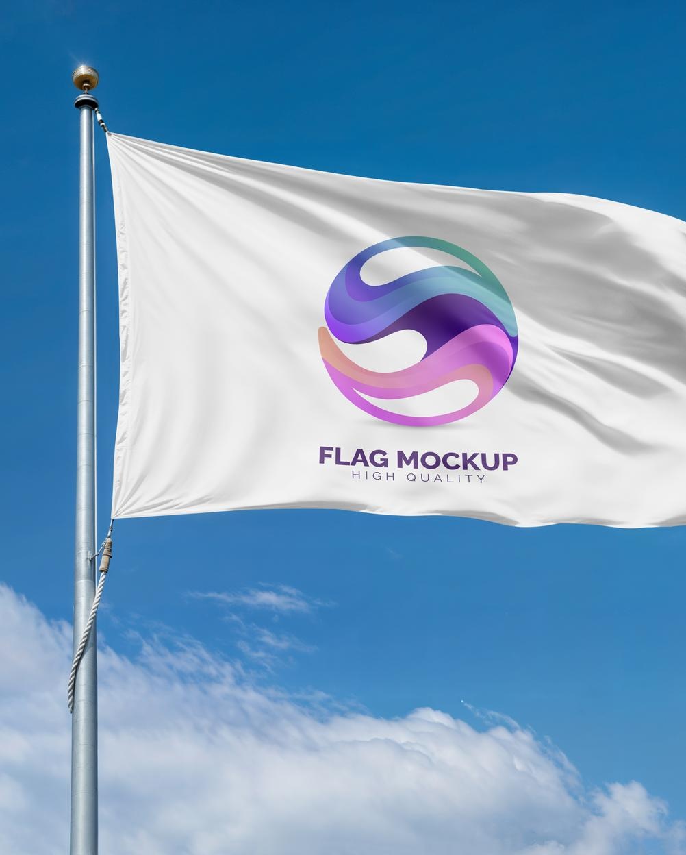 Mockup Bandeira Mastro Céu Aberto Vista Frontal PSD Mockup Bandeira Mastro Céu Aberto - Vista Frontal Mockup Mockups de Publicidade para Download