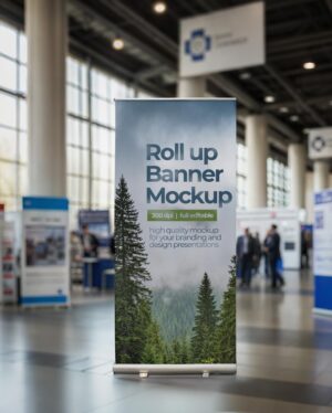 Mockup Banner Rollup Conferência Indoor - Vista Frontal Mockup Mockups de Publicidade para Download