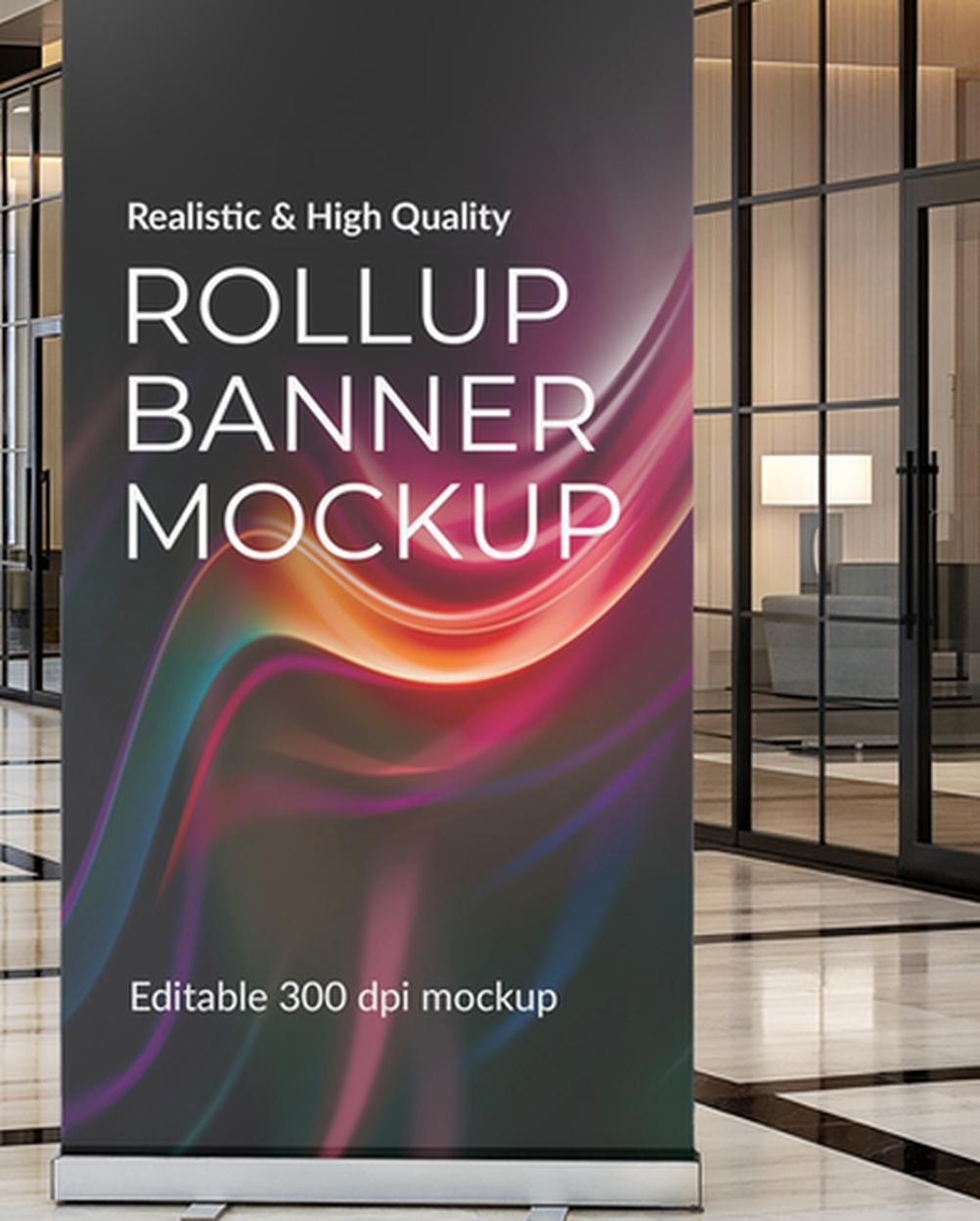 Mockup Banner Rollup Escritório Corporativo - Detalhe Realista Mockups de Publicidade Mockup Profissional
