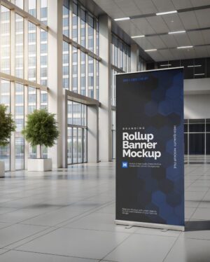 Mockup Banner Rollup Lobby Corporativo - Vista Frontal Mockup Mockups de Publicidade para Download