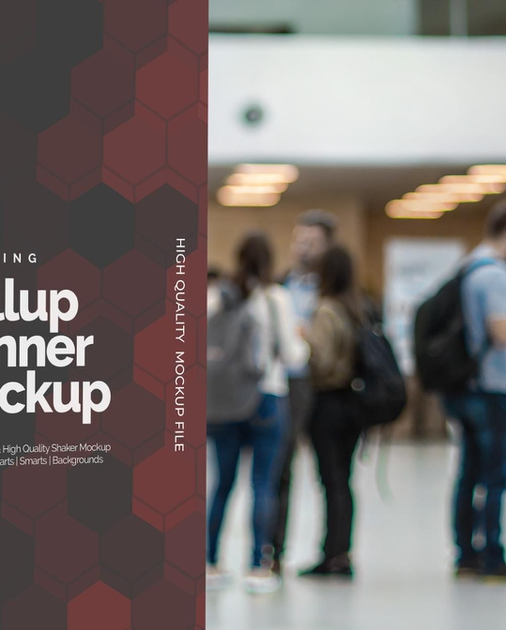 Mockup Banner Rollup Saguão Conferência Detalhe Realista Mockup Banner Rollup Saguão Conferência - Detalhe Realista Mockups de Publicidade Mockup Profissional