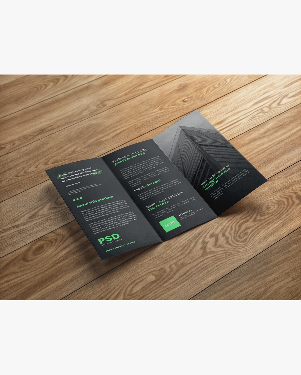Mockup Brochura Trifólio Mesa Madeira Detalhe Realista Mockup Brochura Trifólio Mesa Madeira - Detalhe Realista Mockups de Publicidade Mockup Profissional
