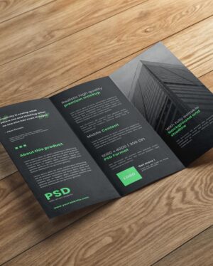 Mockup Brochura Trifólio Mesa Madeira - Vista Frontal Mockup Mockups de Publicidade para Download
