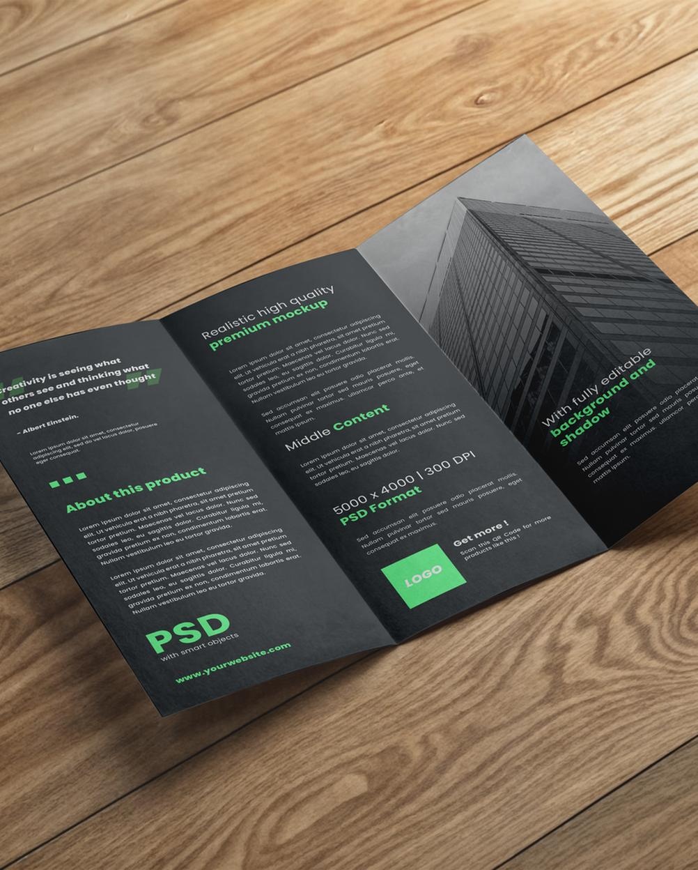 Mockup Brochura Trifólio Mesa Madeira Vista Frontal PSD Mockup Brochura Trifólio Mesa Madeira - Vista Frontal Mockup Mockups de Publicidade para Download