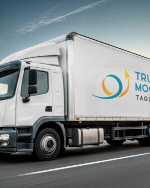 Mockup Caminhão Baú Publicitário Rodovia Profissional - Vista Frontal Mockup Mockups de Veículos para Download