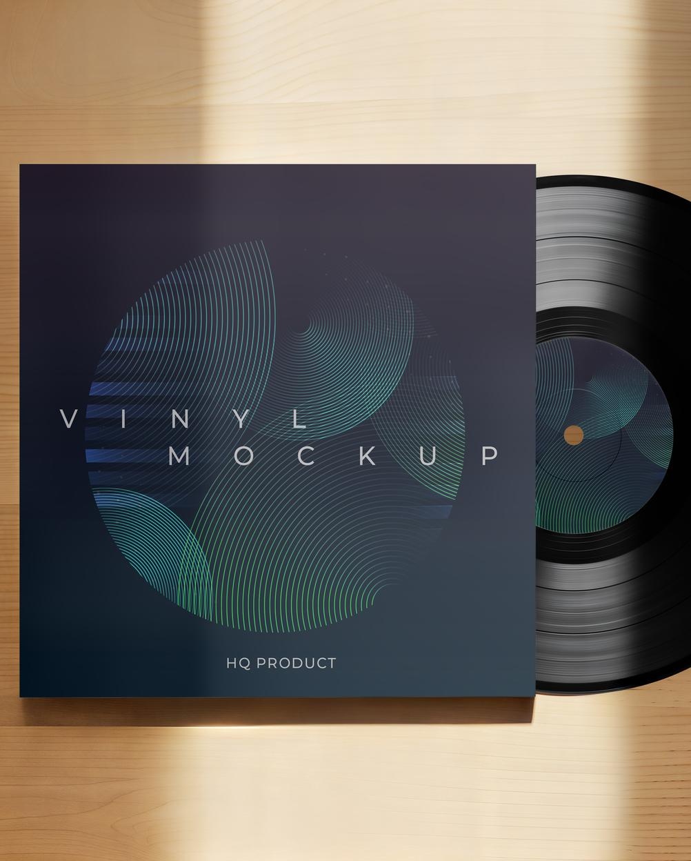 Mockup Capa Vinil Mesa Madeira Vista Frontal PSD Mockup Capa Vinil Mesa Madeira - Vista Frontal Mockup Mockups de Objetos para Download