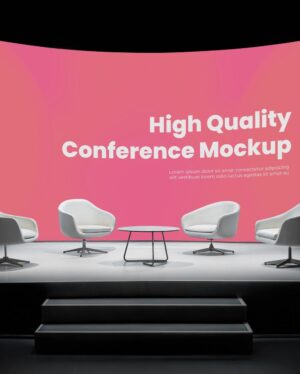 Mockup Mesa e Cadeiras Palco Conferência - Vista Frontal Mockup Mockups de Publicidade para Download