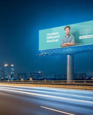 Mockup Outdoor Estrada Noturna - Vista Frontal Mockup Mockups de Publicidade para Download