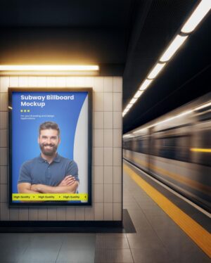 Mockup Painel Iluminado Plataforma Metrô - Vista Frontal Mockup Mockups de Publicidade para Download