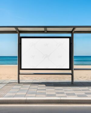 Mockup Painel Publicitário Ponto Ônibus Praia - Mockup PSD Mockups de Publicidade Editável