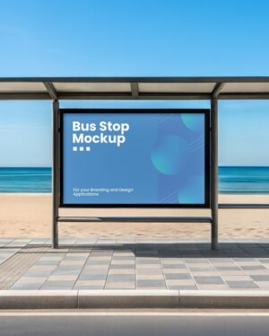 Mockup Painel Publicitário Ponto Ônibus Praia - Vista Frontal Mockup Mockups de Publicidade para Download