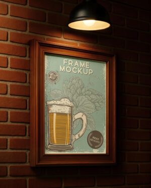 Mockup Quadro Parede Tijolos Bar - Vista Frontal Mockup Mockups de Publicidade para Download