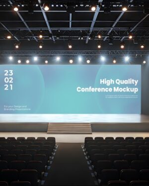 Mockup Telão Projeção Auditório Conferência Profissional - Vista Frontal Mockup Mockups de Publicidade para Download