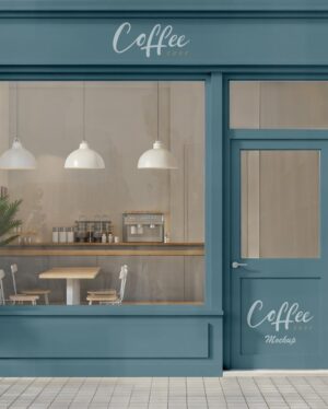 Mockup Vitrine Loja Café Rua - Vista Frontal Mockup Mockups de Objetos para Download