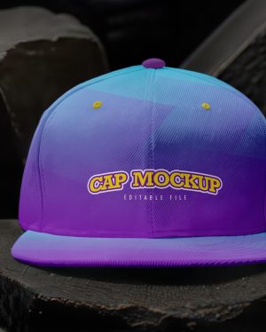 Mockup Boné Snapback Superfície Rochosa PSD – vista frontal